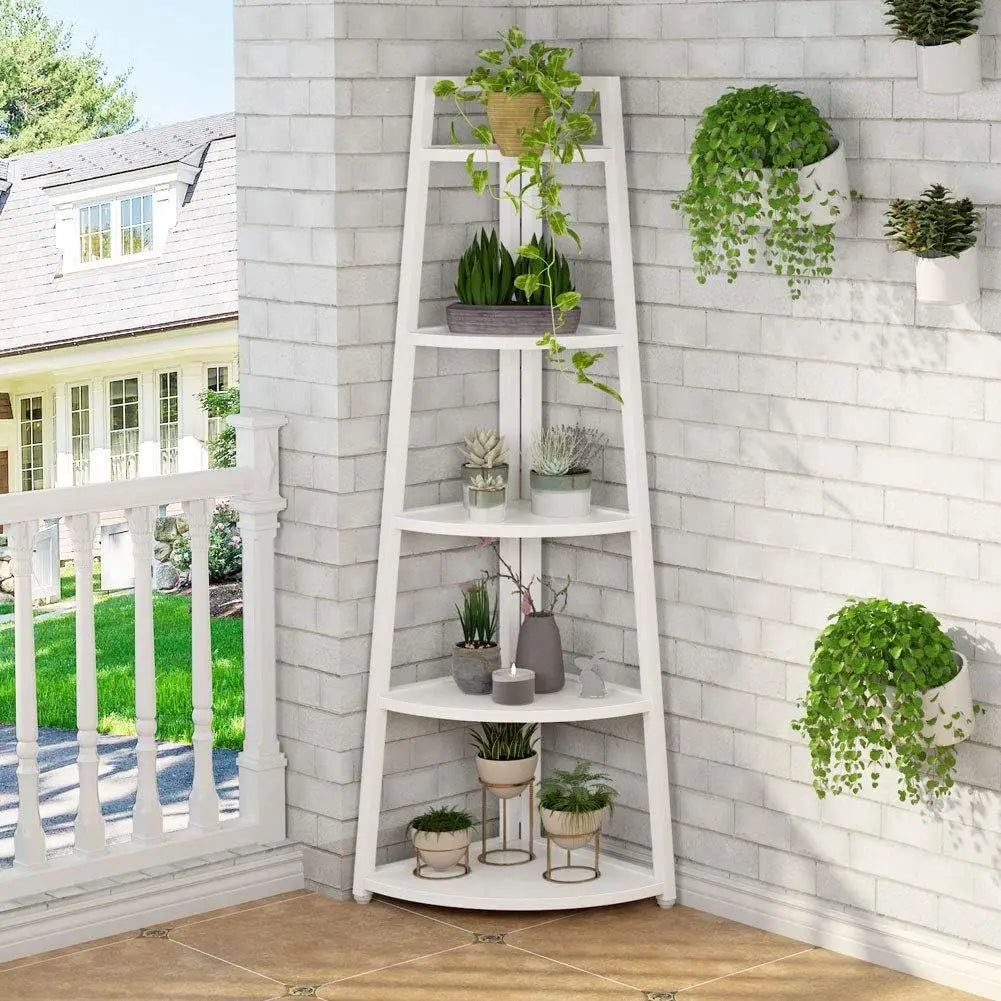 5 Tier Industrial Corner Bookshelf Bookcase Industrial Corner Ladder Shelf Plant Stand for Living Room, Kitchen, Home Office