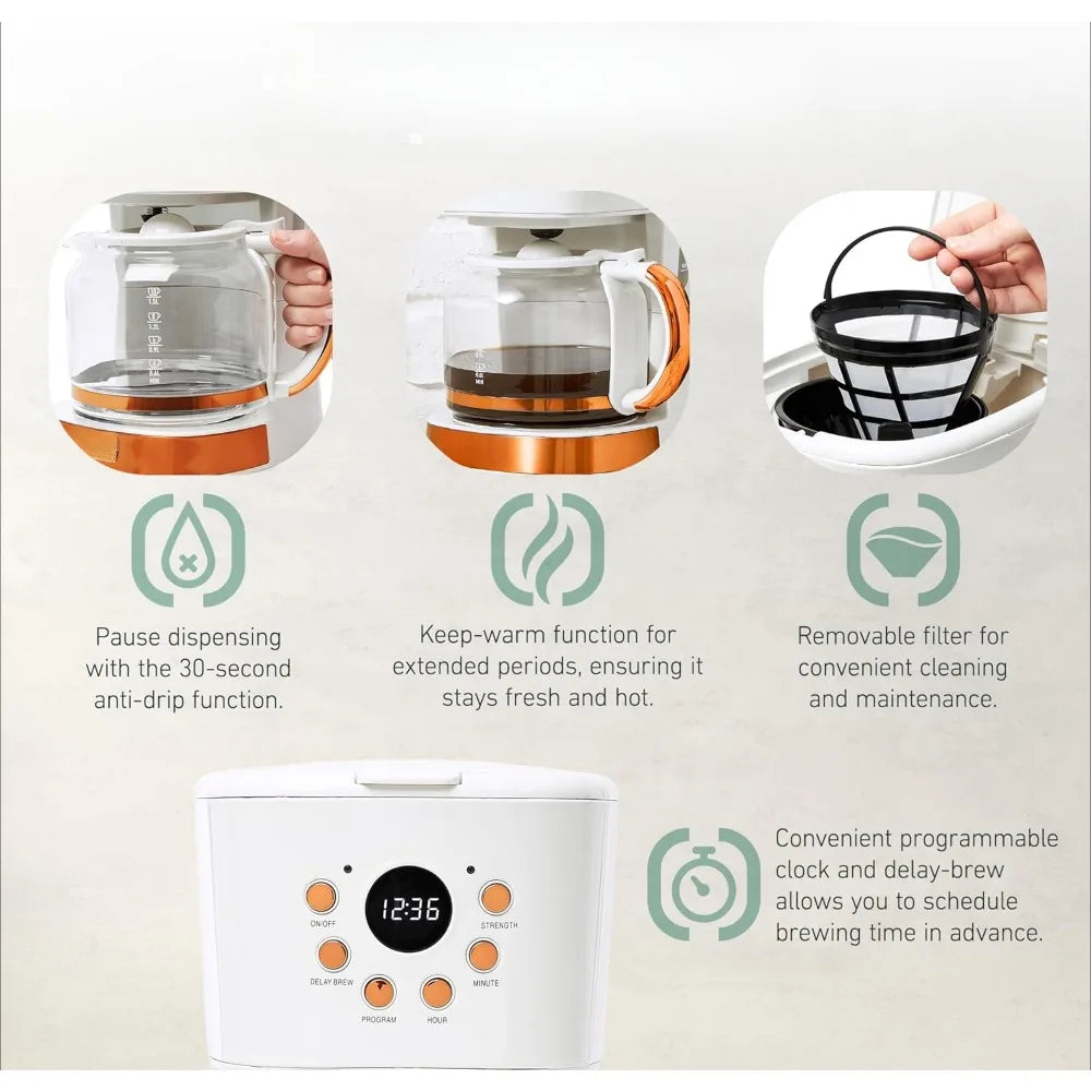 Coffee Machine, 12 Cup Drip Coffee Maker Bundled with Heritage 1.7 Liter Stainless Steel Electric Kettle, Ivory & Copper