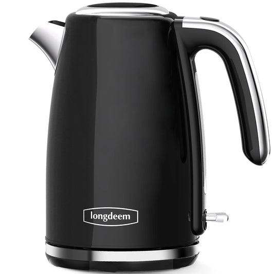 Electric Kettles 1500W for Boiling Water, Longdeem Retro 1.7L Stainless Steel Hot Water Boiler with Automatic Shut Off, Black