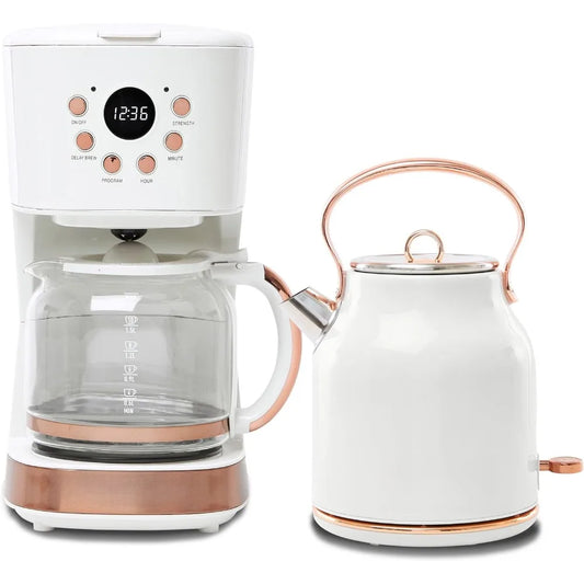 Coffee Machine, 12 Cup Drip Coffee Maker Bundled with Heritage 1.7 Liter Stainless Steel Electric Kettle, Ivory & Copper