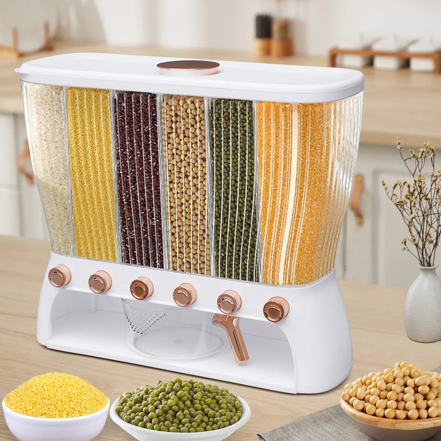 Six-Grid Dry Food Dispenser, Large Capacity Grain Storage Container, Removable Lid with Sealing Ring, 10kg/22.05lbs for Kitchens