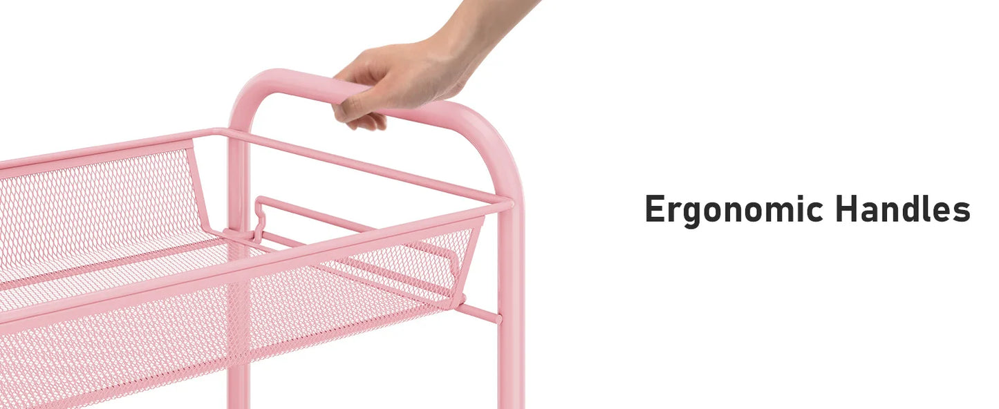 Rolling Cart, Metal Utility Cart with 3 Hooks, Easy Assemble Mobile Storage Trolley On Wheels, Metal Shelving Units Kitchen