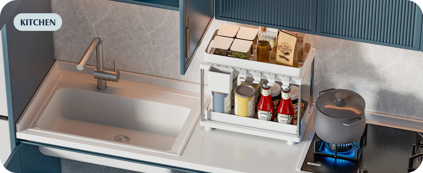 2 Pack Under Sink Organizers and Storage, Double Sliding Kitchen Cabinet Organizer,2 Tier Height Adjustable Countertop Organizer