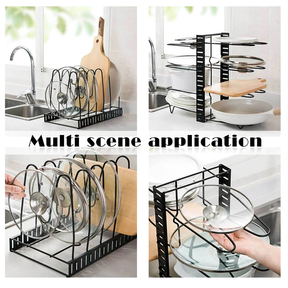 8 Tiers Pan Pot Organizer Rack Multi-layer Iron Wire Bilateral Pot Adjustable Cabinet Pots Lids Storage Rack Kitchen Tool