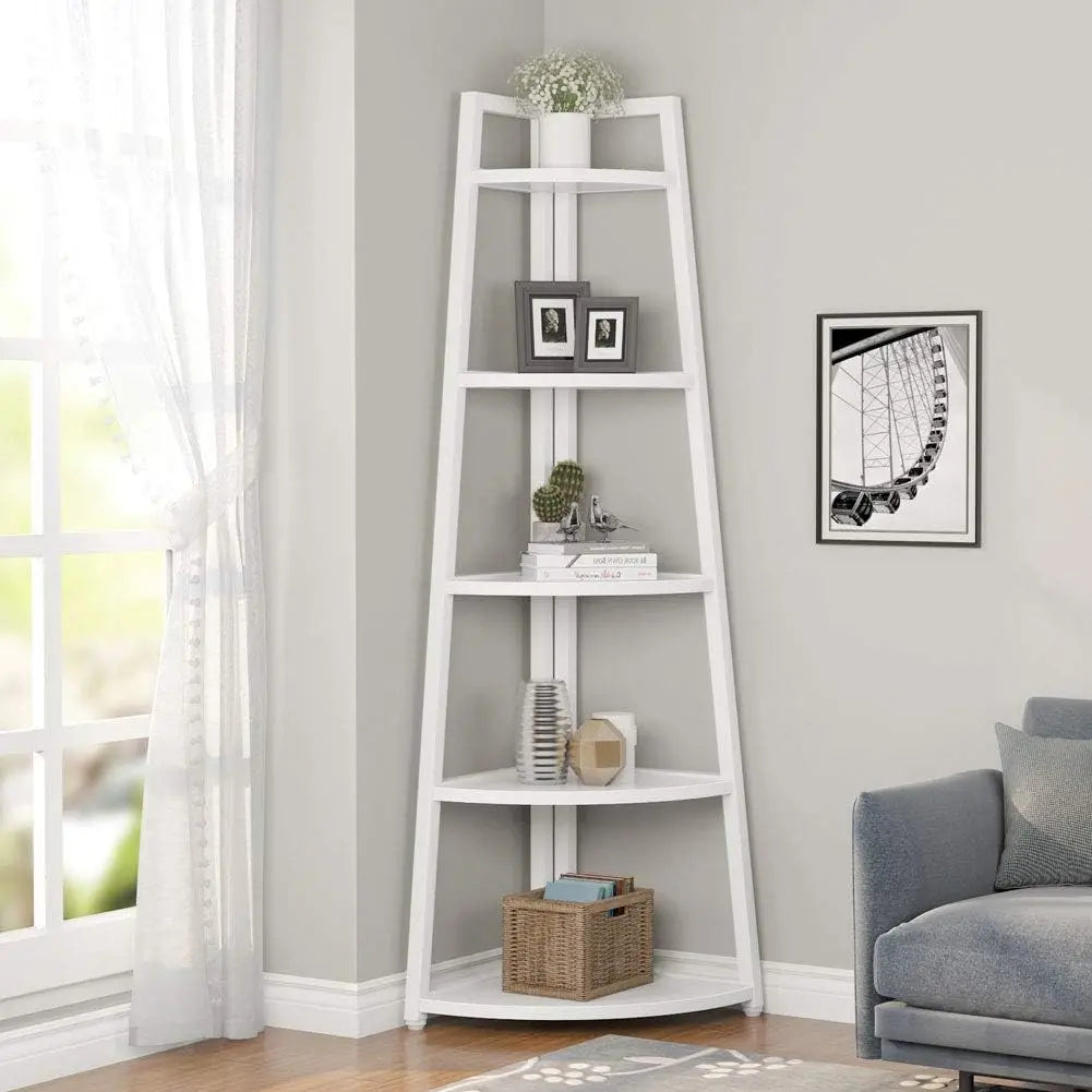 5 Tier Industrial Corner Bookshelf Bookcase Industrial Corner Ladder Shelf Plant Stand for Living Room, Kitchen, Home Office