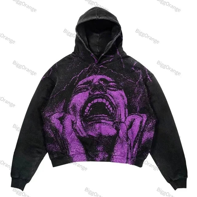 Harajuku Hand touch printing Hoodie Oversized Streetwear Tops Sweatshirt Y2k Clothes Gothic Grunge Hoodies  Men Clothing