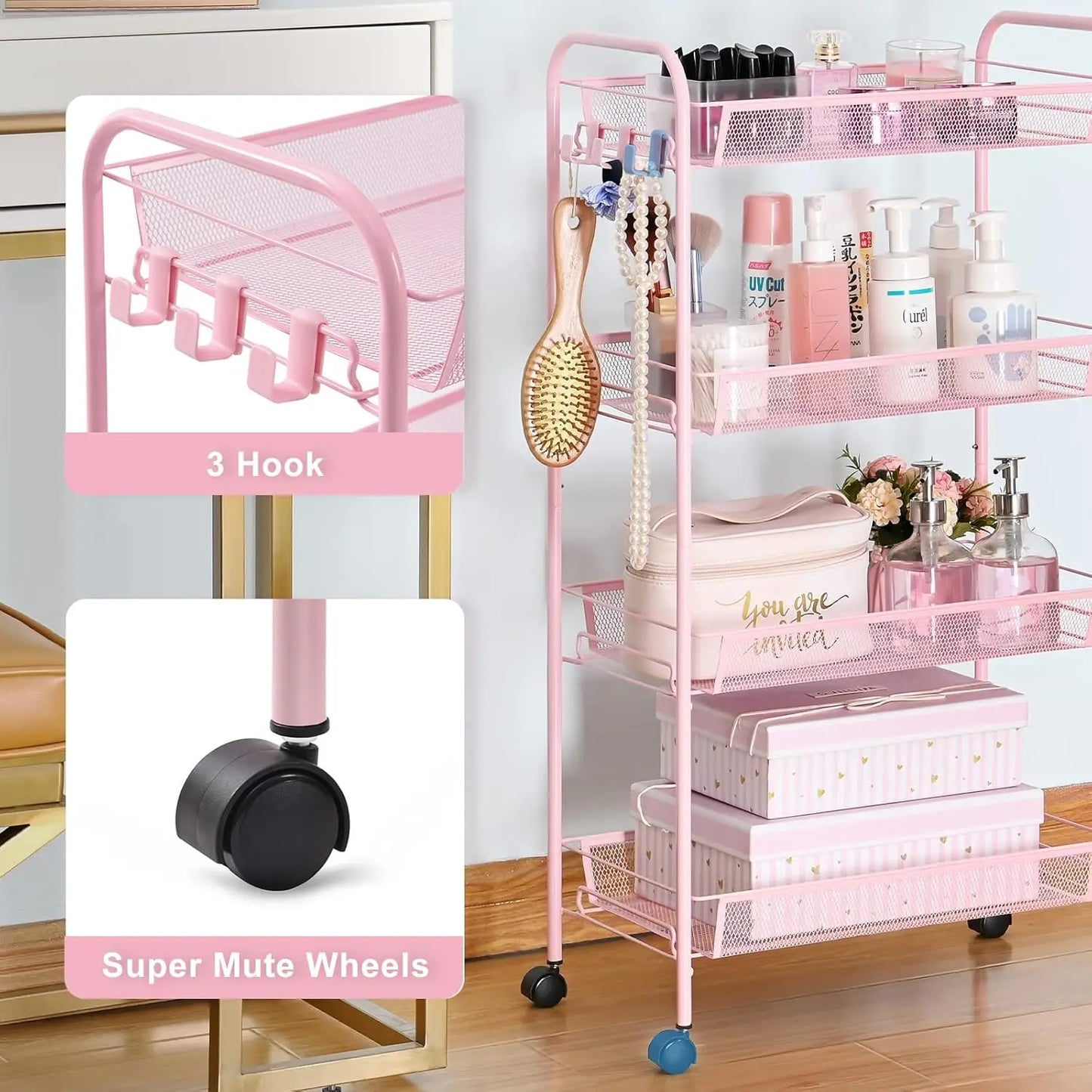 Rolling Cart, Metal Utility Cart with 3 Hooks, Easy Assemble Mobile Storage Trolley On Wheels, Metal Shelving Units Kitchen