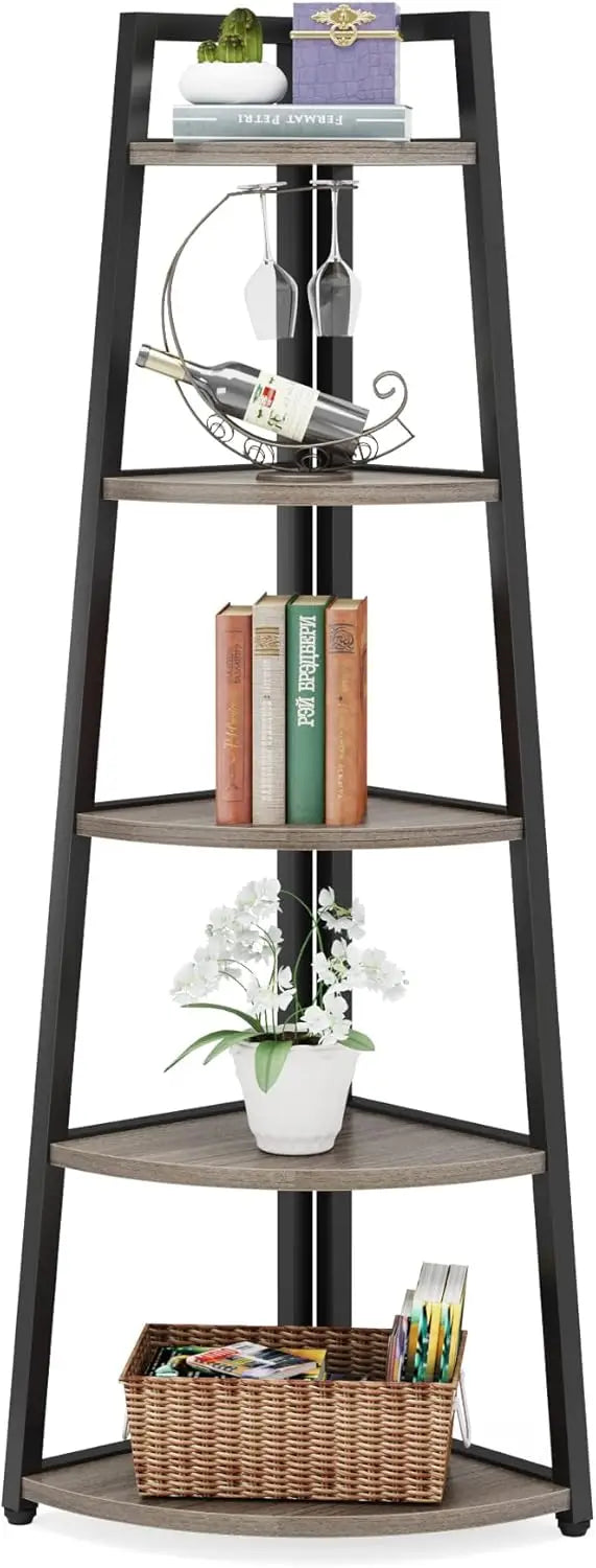 5 Tier Industrial Corner Bookshelf Bookcase Industrial Corner Ladder Shelf Plant Stand for Living Room, Kitchen, Home Office