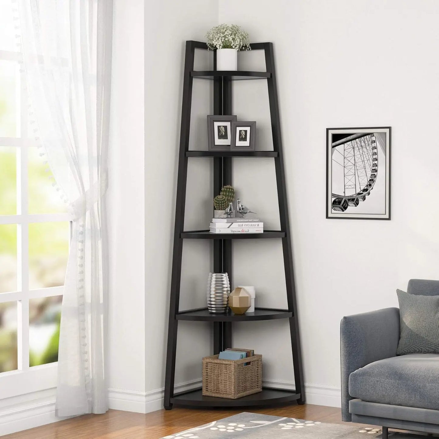 5 Tier Industrial Corner Bookshelf Bookcase Industrial Corner Ladder Shelf Plant Stand for Living Room, Kitchen, Home Office