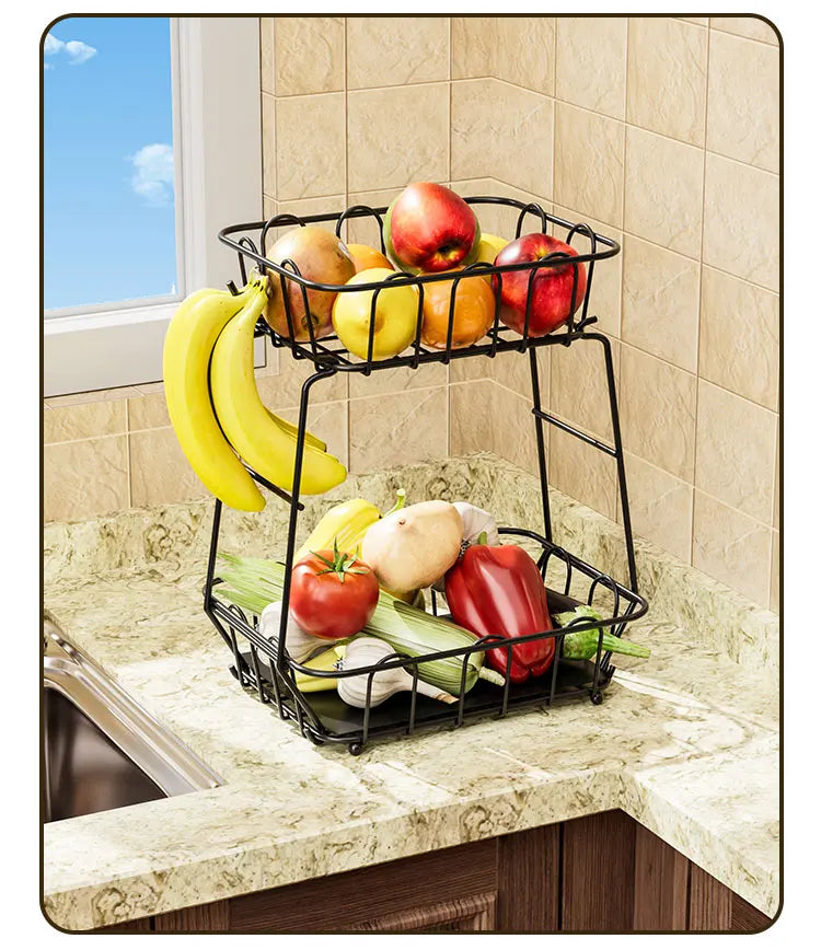 Fruit Basket,Metal Wire Storage Basket With Hooks,Saving Storage Rack,Stylish Kitchen Organizer In Space - Display Stand