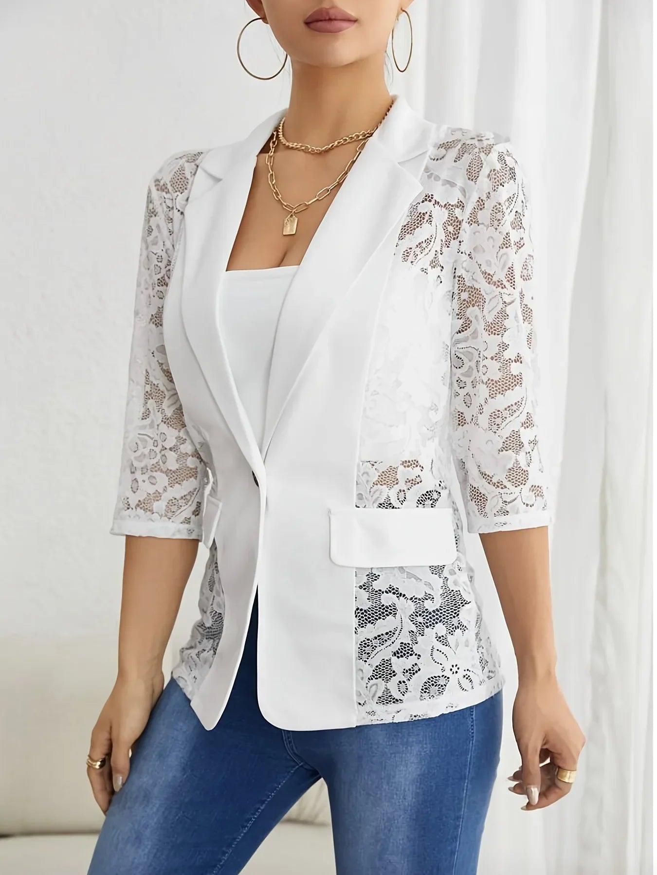 solid Elegantcolor fashionable lace patchwork small suit women's coat mesh long sleeved slim fit sports jacket women's cardigan
