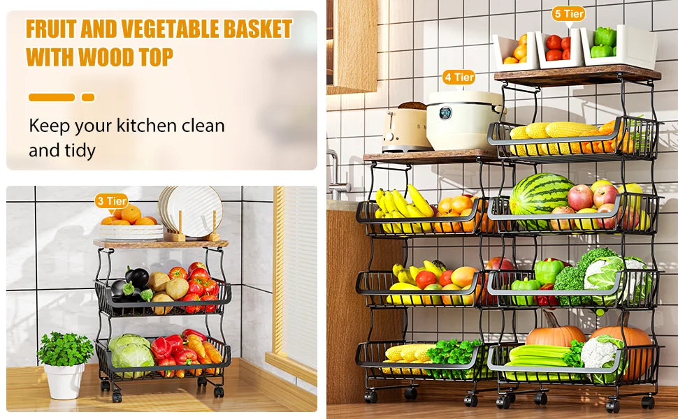 Fruit Vegetable Basket for Kitchen,  Stackable Fruit Vegetable Storage Baskets with Wheels, Metal Wire Storage Basket