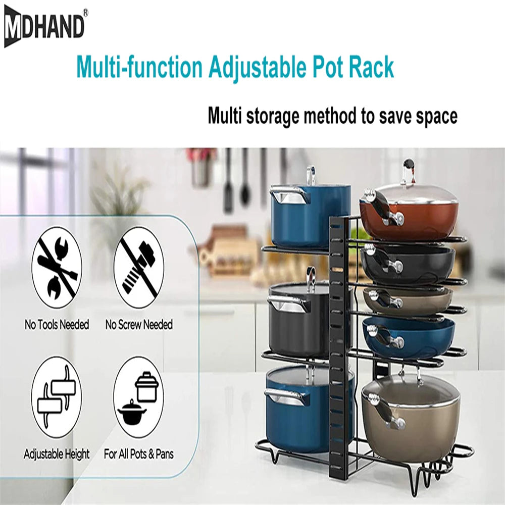 8 Tiers Pan Pot Organizer Rack Multi-layer Iron Wire Bilateral Pot Adjustable Cabinet Pots Lids Storage Rack Kitchen Tool