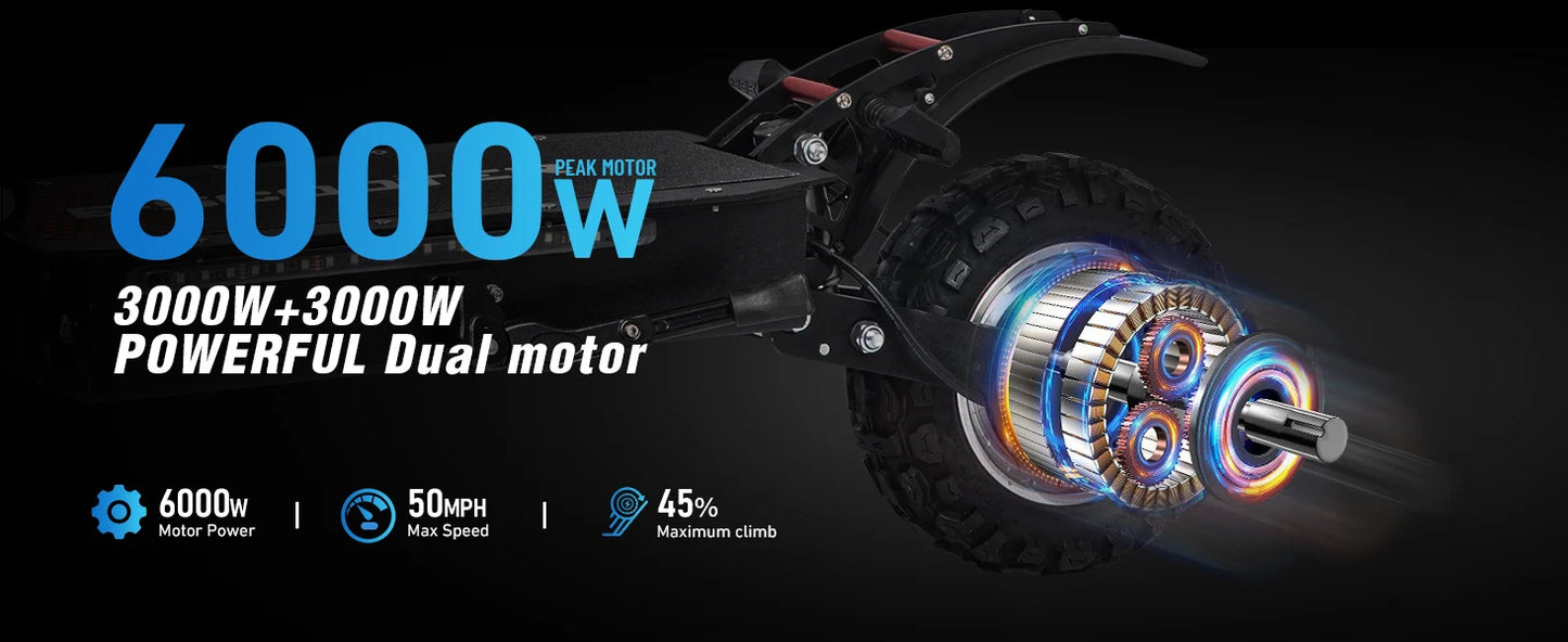 6000W High Power Adult Electric Scooter  Off-Road Commute Foldable 60V 38Ah Large Battery 60 Miles Range 50 Mph Fast E-Scooter