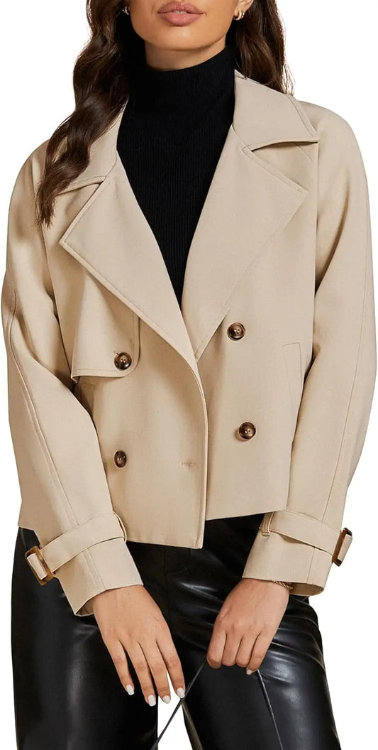 luvamia Cropped Trench Coat for Women Long Sleeve Double Breasted Notched Lapel Casual Loose Fit Jackets with Pockets Jacket