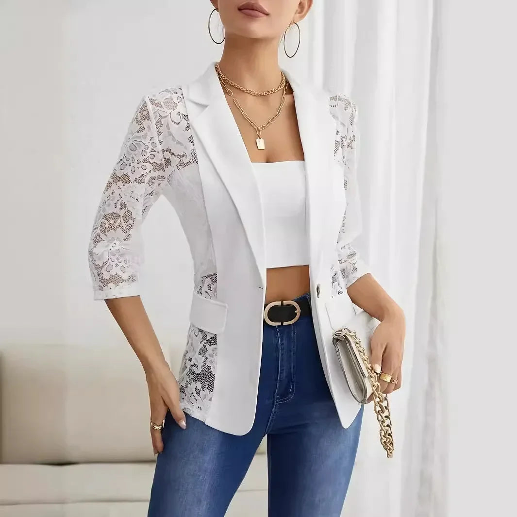 solid Elegantcolor fashionable lace patchwork small suit women's coat mesh long sleeved slim fit sports jacket women's cardigan
