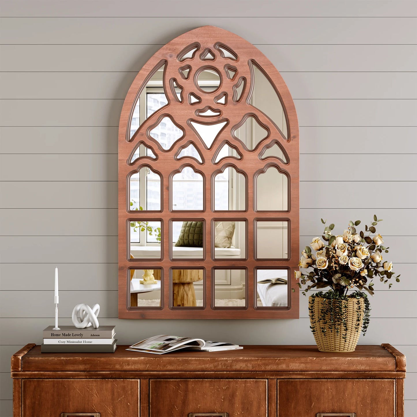 Arched Window Mirror, Big Wall Mirrors Decorative with Wood Framed,Large Retro Farmhouse Mirrors for Kitchen Entryway LivingRoom