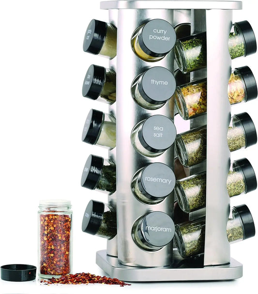 Jar Spice Rack with Spices Included - Revolving Tower Organizer for Kitchen Spices and Seasonings, (Stainless Steel)