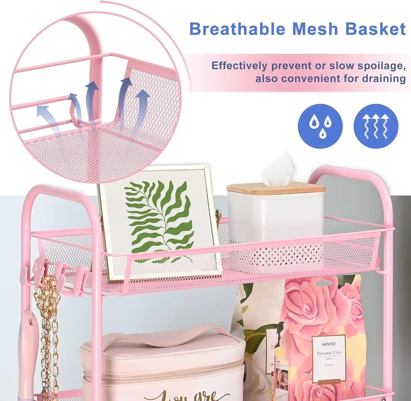Rolling Cart, Metal Utility Cart with 3 Hooks, Easy Assemble Mobile Storage Trolley On Wheels, Metal Shelving Units Kitchen