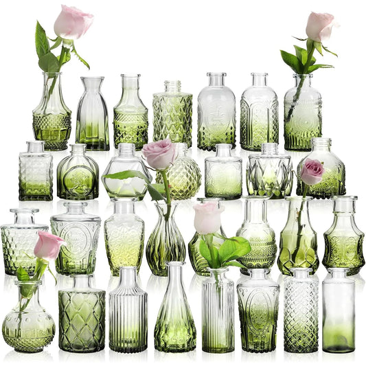 Set of 30 Green Glass Bud Vase in BulkSmall Vintage Bud Vase for Centerpieces,Rustic Wedding Decorations,Home Table Flower Décor