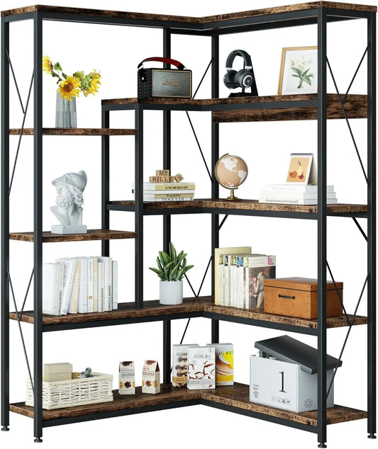 5 Tiers Corner Bookshelf, 70.86" Tall L-Shaped Bookcase, Large Corner Etagere Bookcase,