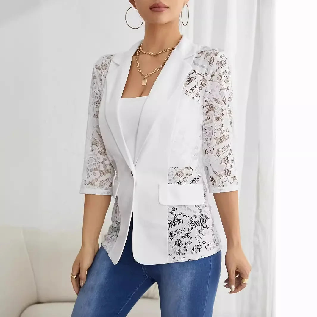 solid Elegantcolor fashionable lace patchwork small suit women's coat mesh long sleeved slim fit sports jacket women's cardigan