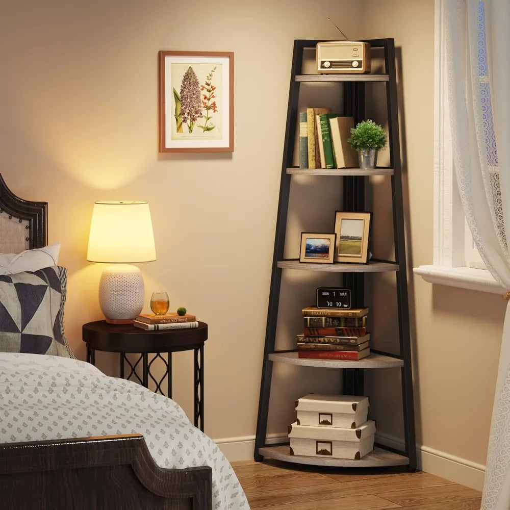 5 Tier Industrial Corner Bookshelf Bookcase Industrial Corner Ladder Shelf Plant Stand for Living Room, Kitchen, Home Office