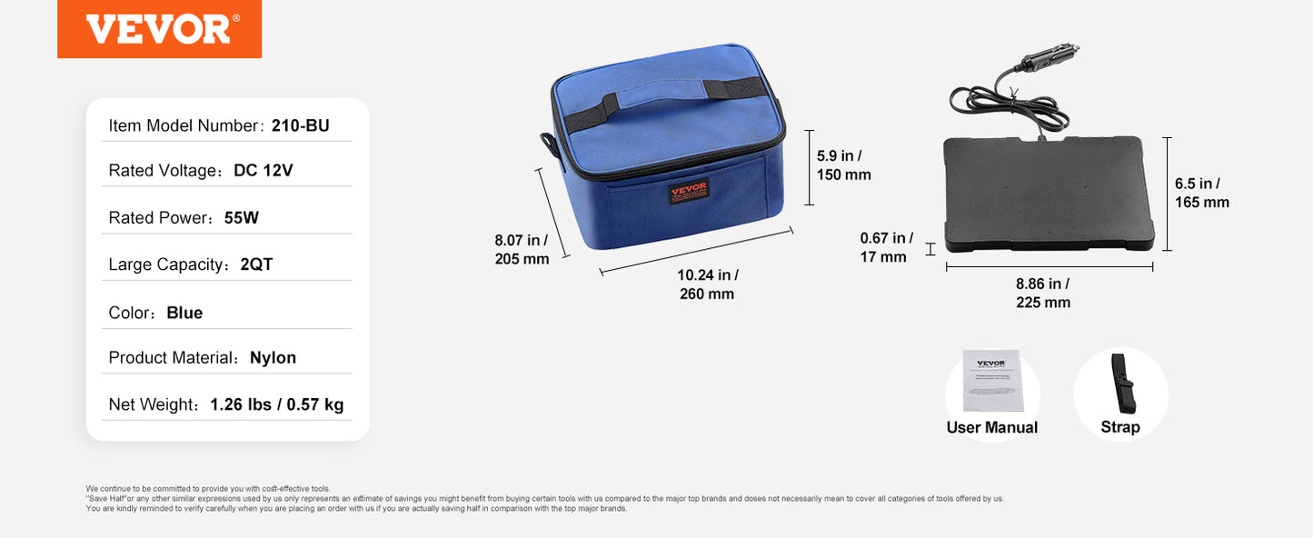 VEVOR Portable Oven  Portable Mini Personal Microwave 2QT Electric Heated Lunch Box Compatible with Glass Ceramic Foil Container