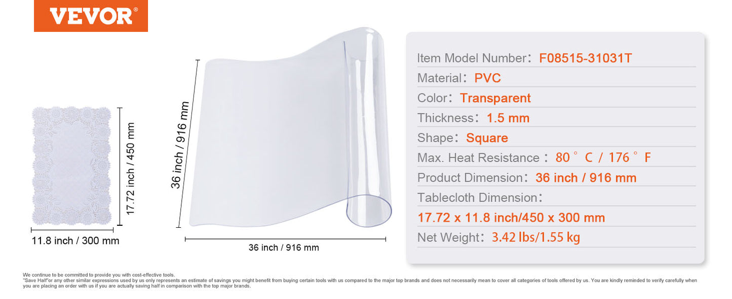 VEVOR PVC Tablecloth Transparent Table Cloth 1.5mm Waterproof Kitchen Oil-Proof Table Mat Plastic Soft Glass Protector Cover