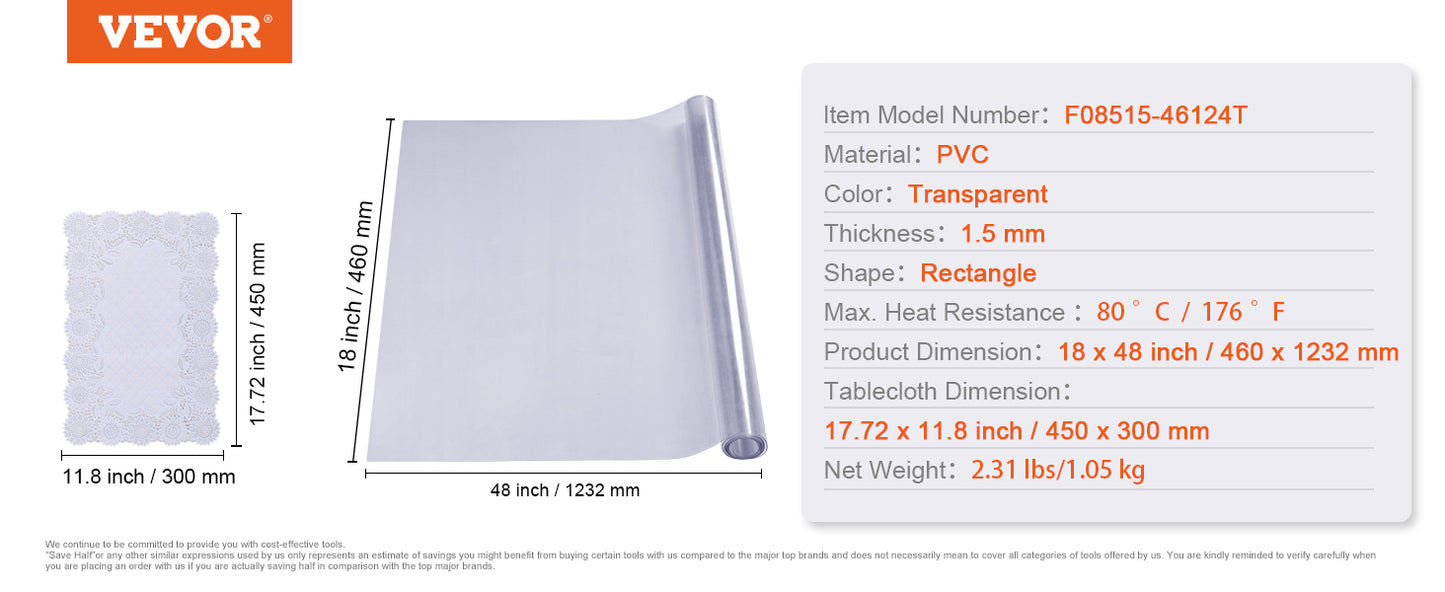 VEVOR PVC Tablecloth Transparent Table Cloth 1.5mm Waterproof Kitchen Oil-Proof Table Mat Plastic Soft Glass Protector Cover