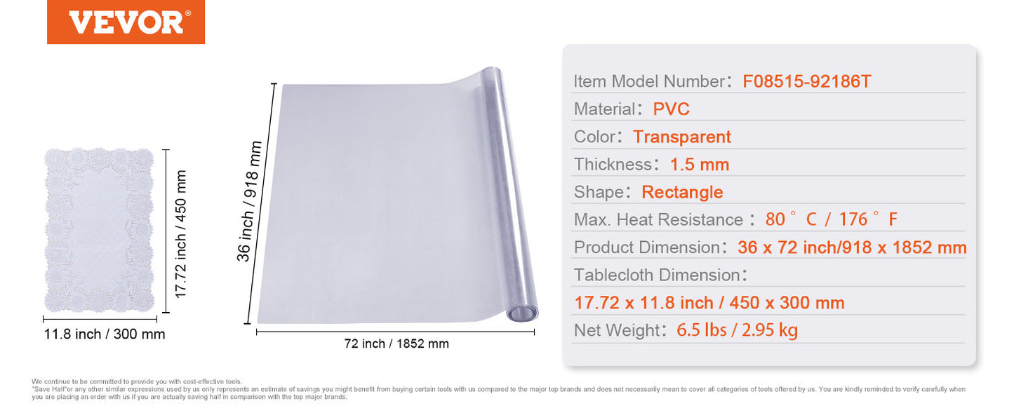 VEVOR PVC Tablecloth Transparent Table Cloth 1.5mm Waterproof Kitchen Oil-Proof Table Mat Plastic Soft Glass Protector Cover