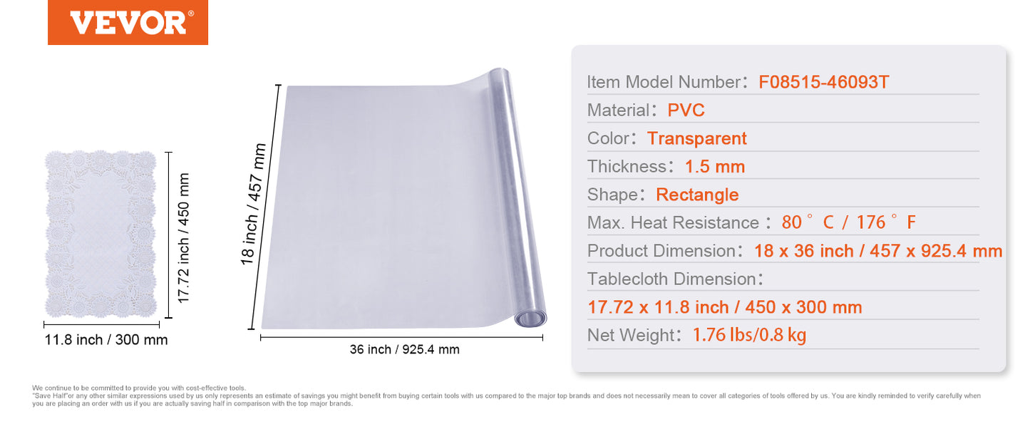 VEVOR PVC Tablecloth Transparent Table Cloth 1.5mm Waterproof Kitchen Oil-Proof Table Mat Plastic Soft Glass Protector Cover